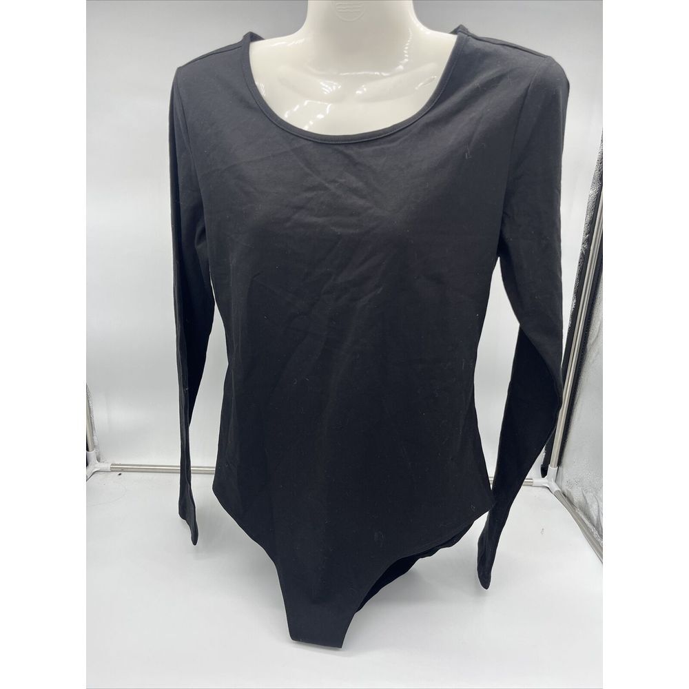 MANGOPOP Bodysuit Women Crew Neck Long Sleeve T Shirt Jumpsuit Black Sz Large
